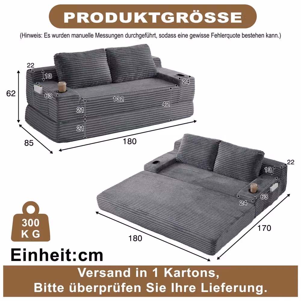 Divano letto 2 in 1 Minimal in tessuto a righe grigie con cuscini, portabibite e tasche portaoggetti integrati – 2