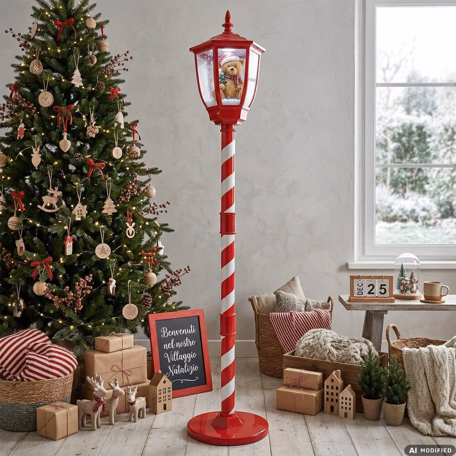 Lampione Natalizio Luminoso Orsetto con Effetto Neve e Musica VESTIAMO CASA Rosso H 150 x L 30 x P 30 cm – 2