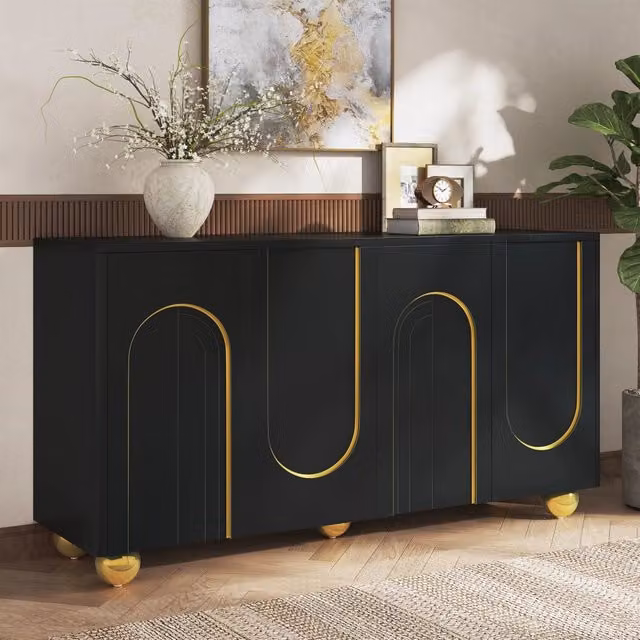 Credenza, mobile contenitore, ante con decorazioni ad arco in filo d’oro, piedini metallici sferici, nero