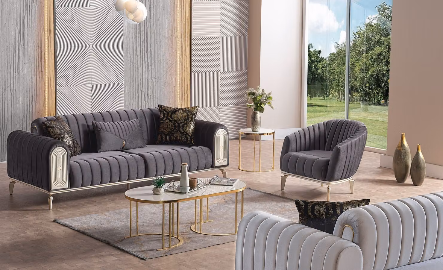 Schickes Möbel Sofagarnitur set 3+1 Couchtisch Sofagarnitur Sofas Sessel Grau