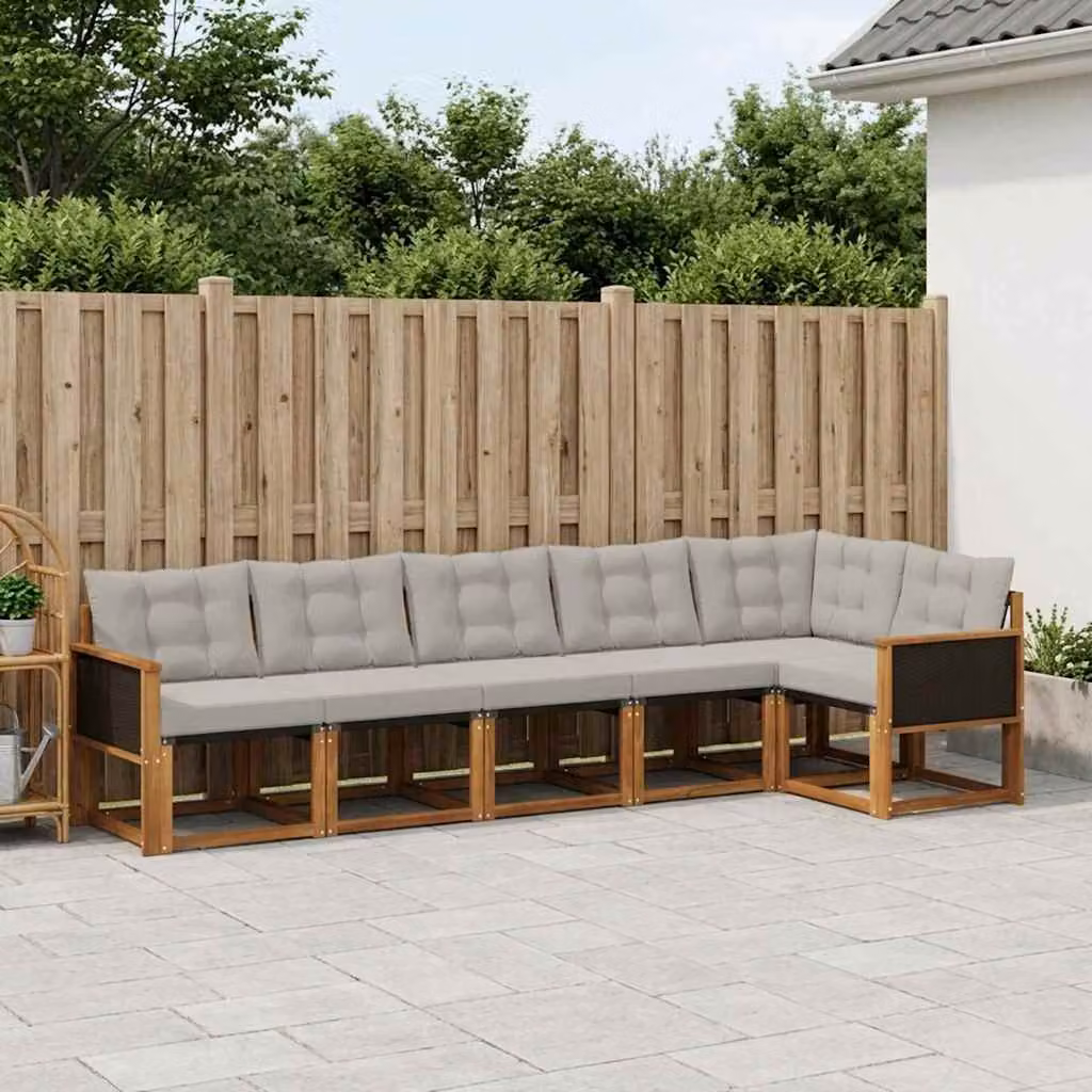 vidaXL Set di divani da esterno a L composto da 6 pezzi in legno di acacia e tessuto textilene, colori beige, grigio e marrone