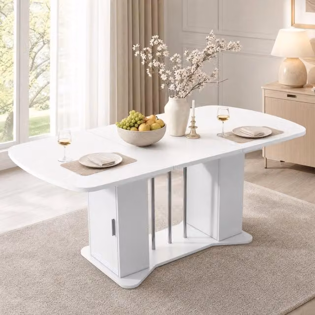 Tavolo da pranzo allungabile ULEVR 120/160x80 cm con vani contenitore, MDF bianco e gambe color argento