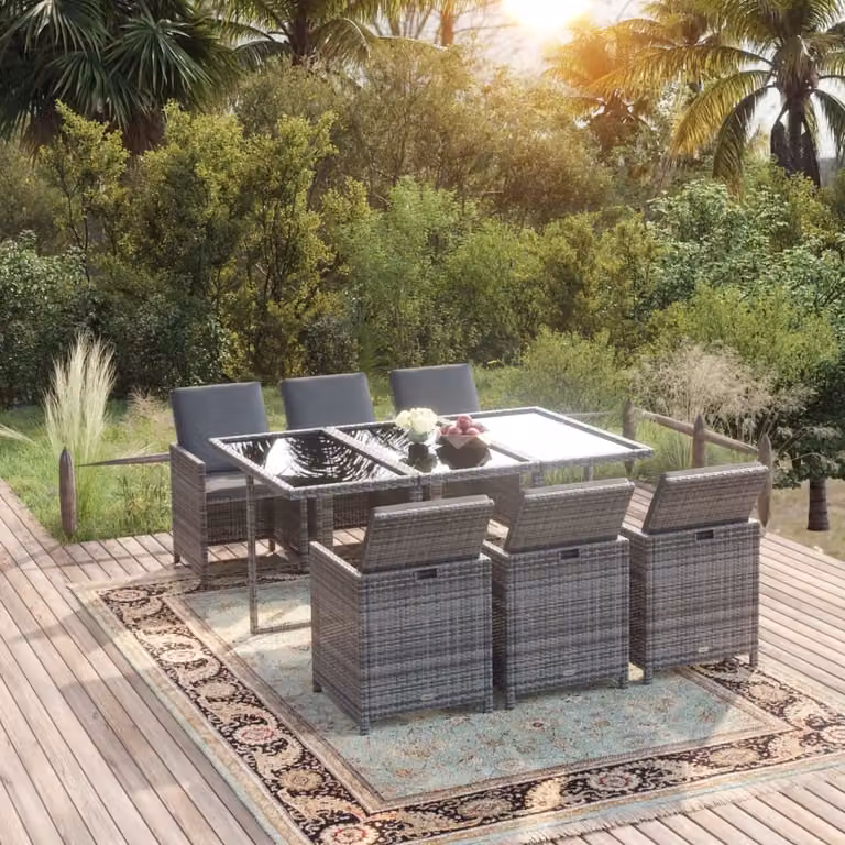 The Living Store Set da pranzo da giardino 7 pezzi con cuscini in poly rattan grigio