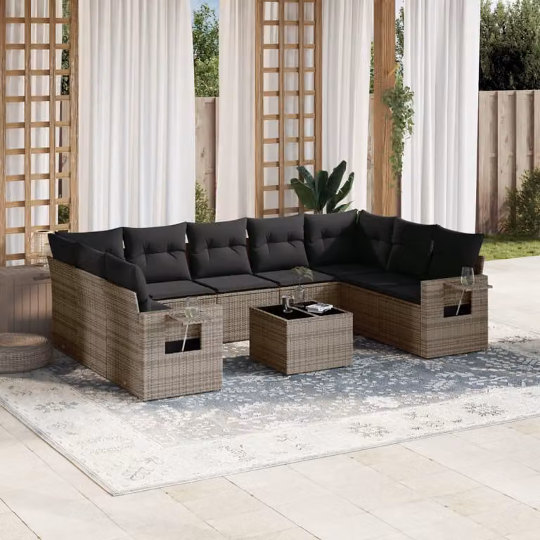vidaXL Set Divano da Giardino 10 pz a Forma a L in Polyrattan Grigio con Cuscini e Tavolino
