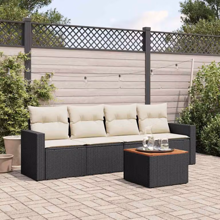 vidaXL Set Divani da Giardino 5 pz in Polyrattan Nero con Cuscini e Tavolino da Esterno
