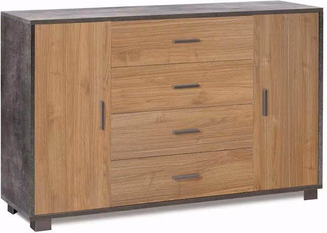 Credenza madia mobile con 2 ante e 4 cassetti 136x41x86H cm in kit di montaggio colore Ossido nero e Noce Stelvio