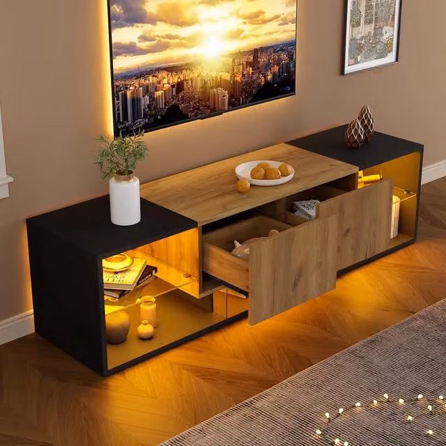 Mobile TV Minimal nero con design moderno, ripiani in vetro e legno, 2 cassetti, ideale per soggiorno e camera da letto, L: 160 cm, P: 40 cm, H: 42 cm