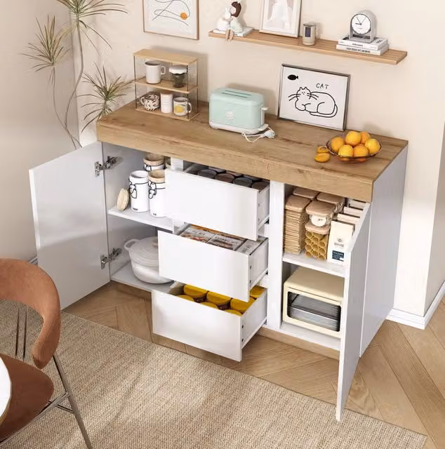Comò 120,5 x 40,2 x 82,5 cm bianco e rovere, 3 cassetti 2 ante, pannelli E1
