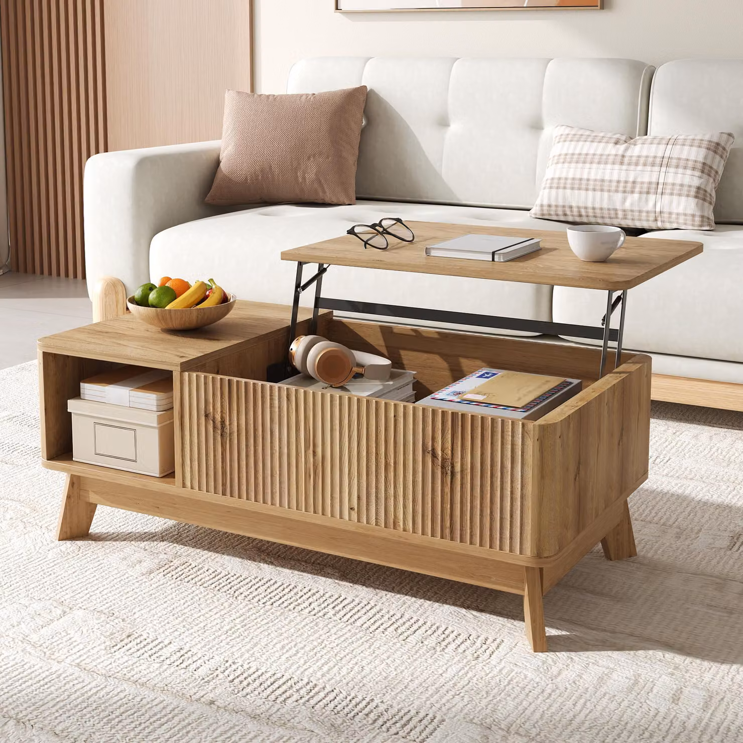 Tavolino Merax con funzione di sollevamento e design ondulato, tavolino da salotto in MDF con vano portaoggetti e ripiano aperto, tavolino da salotto con funzione di sollevamento, colore naturale