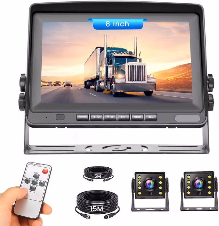 Telecamera per retromarcia per auto, con monitor LCD da 8 pollici, due telecamere AHD-1080P, impermeabile IP69, visione notturna avanzata, cavo adatto per camper, camion e rimorchi