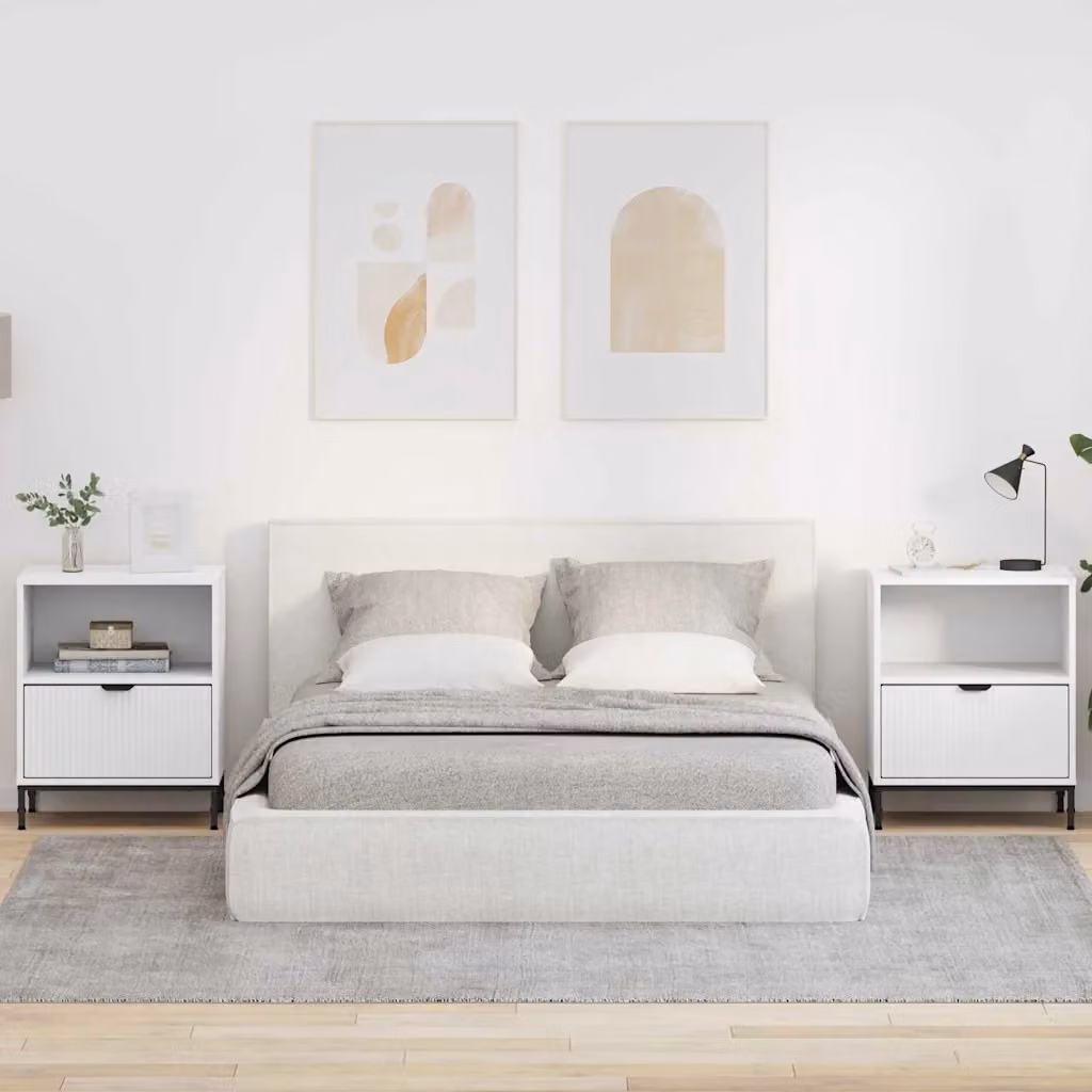 Set di 2 Armadi da Notte vidaXL Moderni in MDF e Metallo, Bianco, L: 49 cm, P: 36 cm, H: 61 cm
