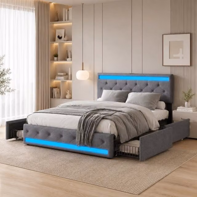 Letto Matrimoniale Imbottito 160x200cm Grigio, LED RGB con App+Telecomando, USB-C, 4 Cassetti Sottoletto, Rete a Doghe