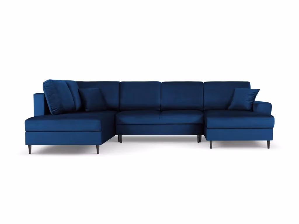 Divano panoramico convertibile Kyoto di Cosmopolitan Design con contenitore, modello a L con orientamento sinistro, 7 posti, rivestimento in velluto blu, L 313 cm x P 194 cm x H 88 cm – 2