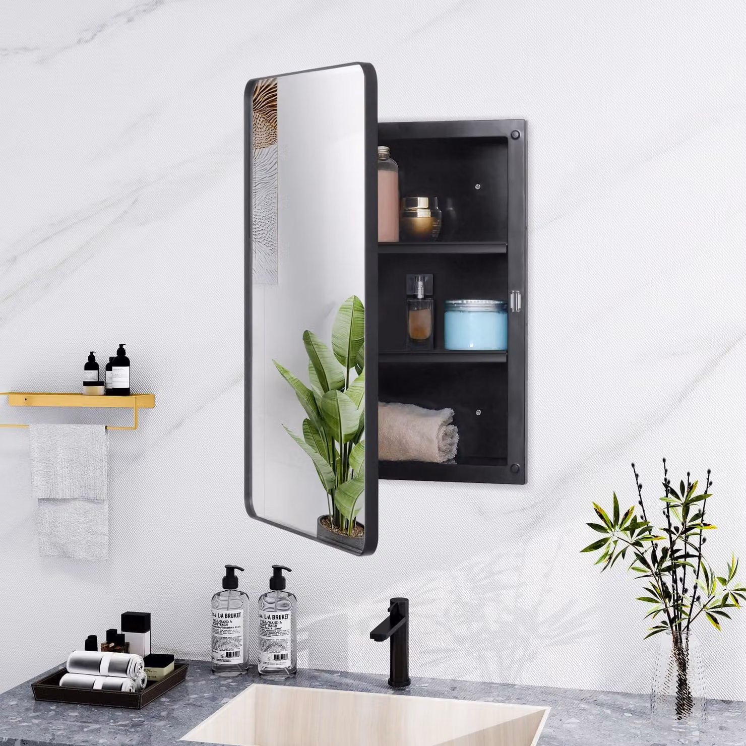 Armadietto medico, porta a specchio, struttura in metallo, colore nero, dimensioni 40,6 x 61,2 cm