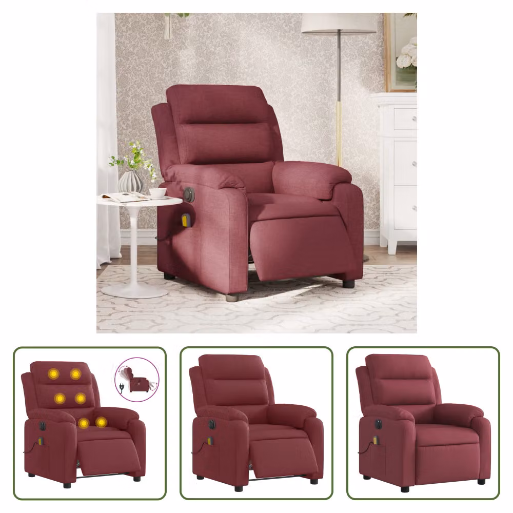 The Living Store Sedia massaggiante elettrica in tessuto rosso vino