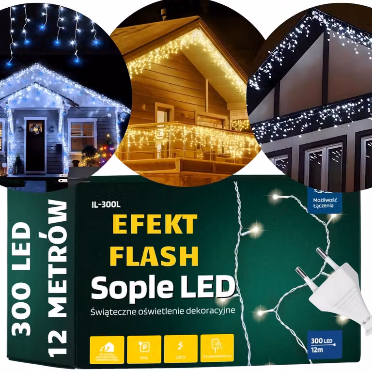 Illuminazione natalizia per esterni, effetto stalattiti, 300 LED con effetto lampo, bianco freddo + luce bianca fredda lampeggiante