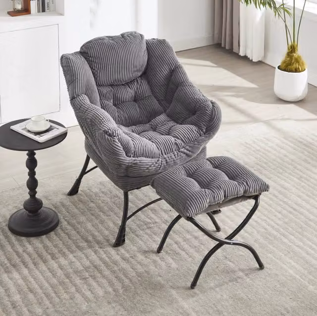 Poltrona relax con poggiapiedi 80x64x95 cm grigia, tasca laterale, struttura in acciaio