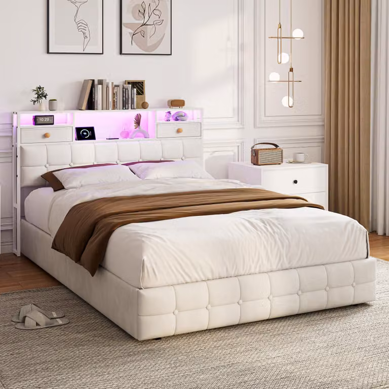 Letto imbottito REMZETTA, 160x200 cm, beige, con LED, USB e porta Type-C, testiera con spazio contenitore e contenitore a cassetti integrato