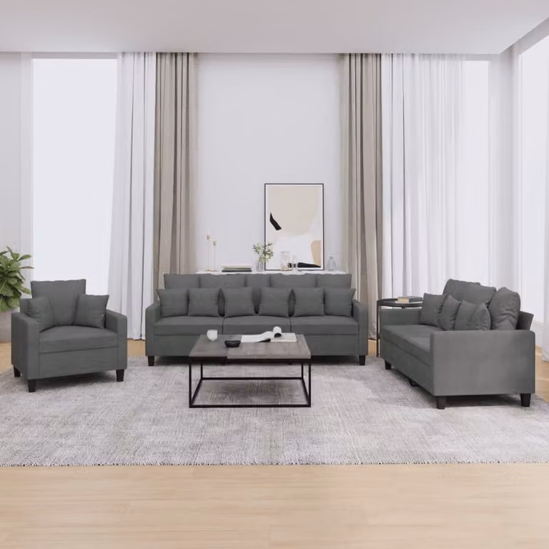 Set di divani vidaXL da 3 pezzi in tessuto grigio con cuscini per soggiorno moderno