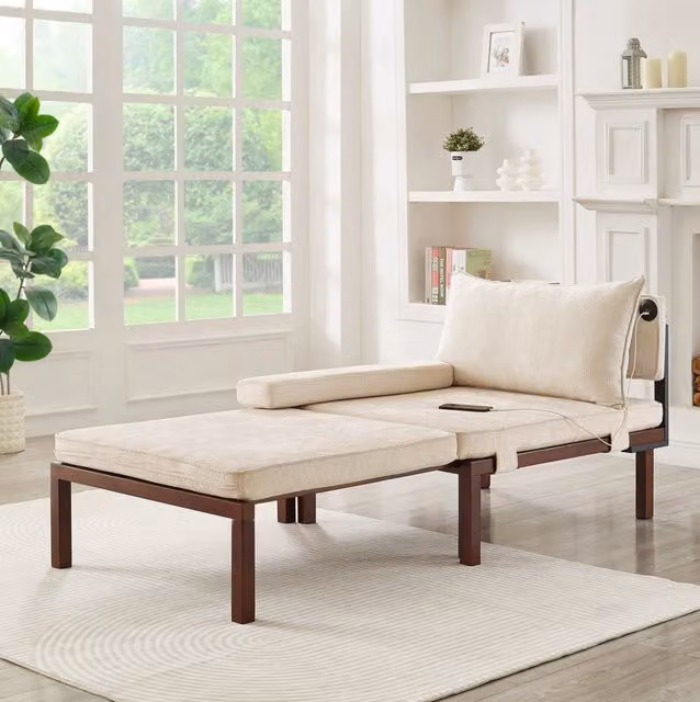 Poltrona letto singola estraibile in velluto beige con porta USB Type-C HOMVRA