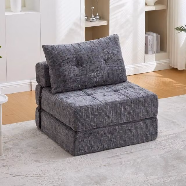 Divano letto estraibile Minimal in tessuto grigio con cuscini per soggiorno e camera da letto – 1