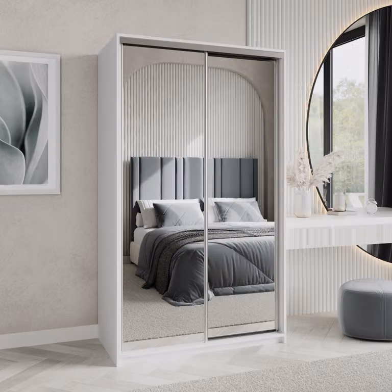 Armadio scorrevole Masseno RIEN 120/205/60 cm Armadio con cassetti Armadio per camera da letto a 2 ante con specchio Bianco + satinato