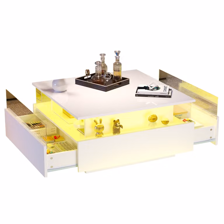Tavolino da salotto a LED 70×70×41 cm con 2 cassetti e vano espositivo trasparente – Portata massima 30 kg, ideale per salotti eleganti,