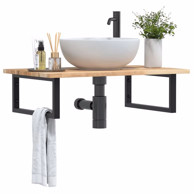 vidaXL Ripiano da parete per lavabo in legno di acacia e metallo nero e marrone