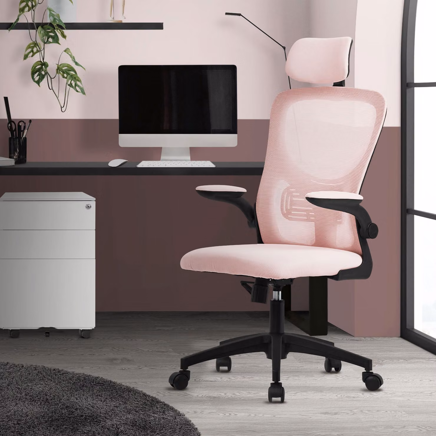 Sedia da ufficio ergonomica ML-Design, rosa, in rete, con poggiatesta regolabile