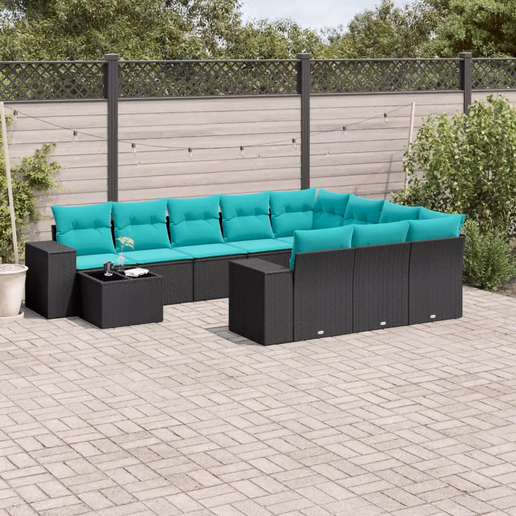 Set di divani da giardino vidaXL 11 pezzi a forma di L con cuscini e tavolino da esterno in rattan e metallo nero