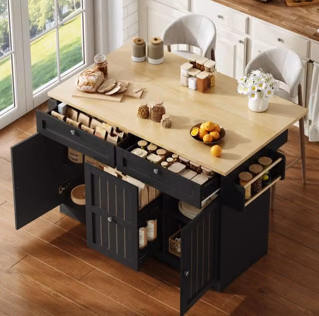 Isola da cucina mobile nera con piano pieghevole 120×45/70×92 cm