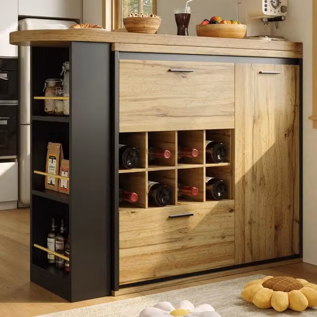 Tavolo da pranzo allungabile con 2 cassetti portabottiglie e ripiani aperti in MDF e metallo effetto legno per cucina