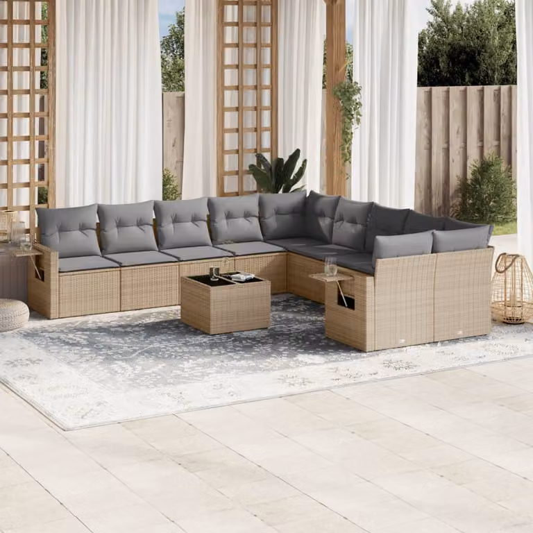 Set di divani da giardino vidaXL 11 pz in polyrattan con cuscini beige e tavolino da esterno