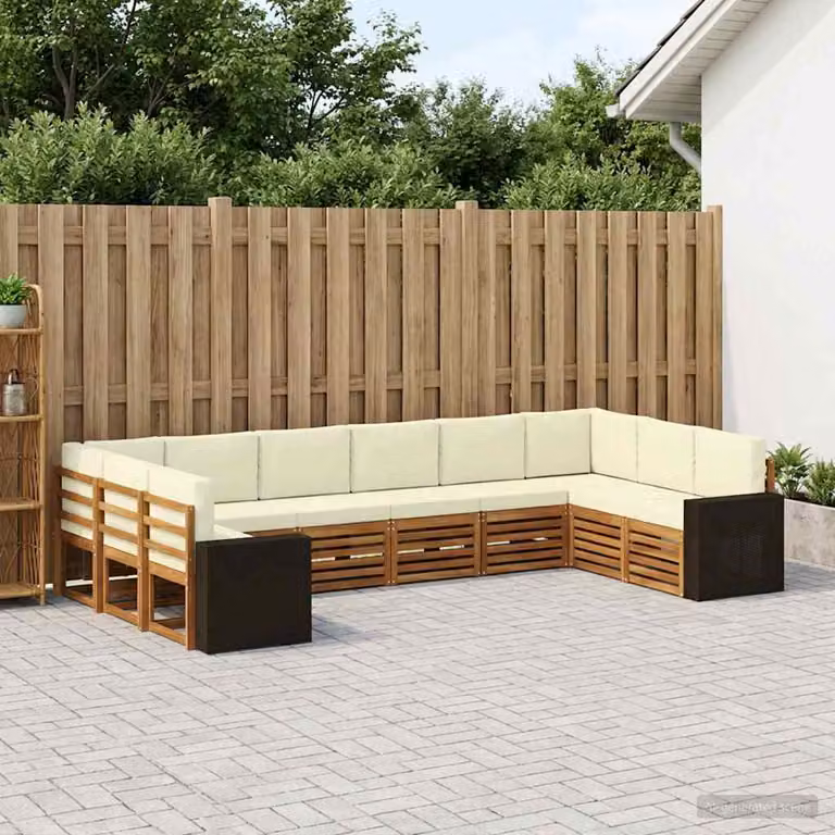 Set di divani da esterno vidaXL a forma di L composto da 10 pezzi in legno di acacia con cuscini in tessuto beige e crema
