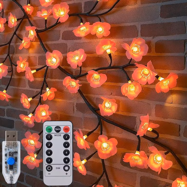 Catena luminosa a LED a forma di fiori di ciliegio, lunghezza 1,8 metri, 96 LED, alimentazione USB, impermeabile