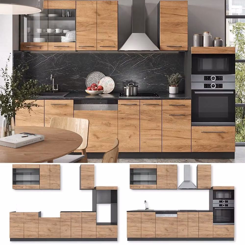 Cucina componibile moderna Vicco Fame-Line Rovere dorato e Antracite, L: 300 cm – 2