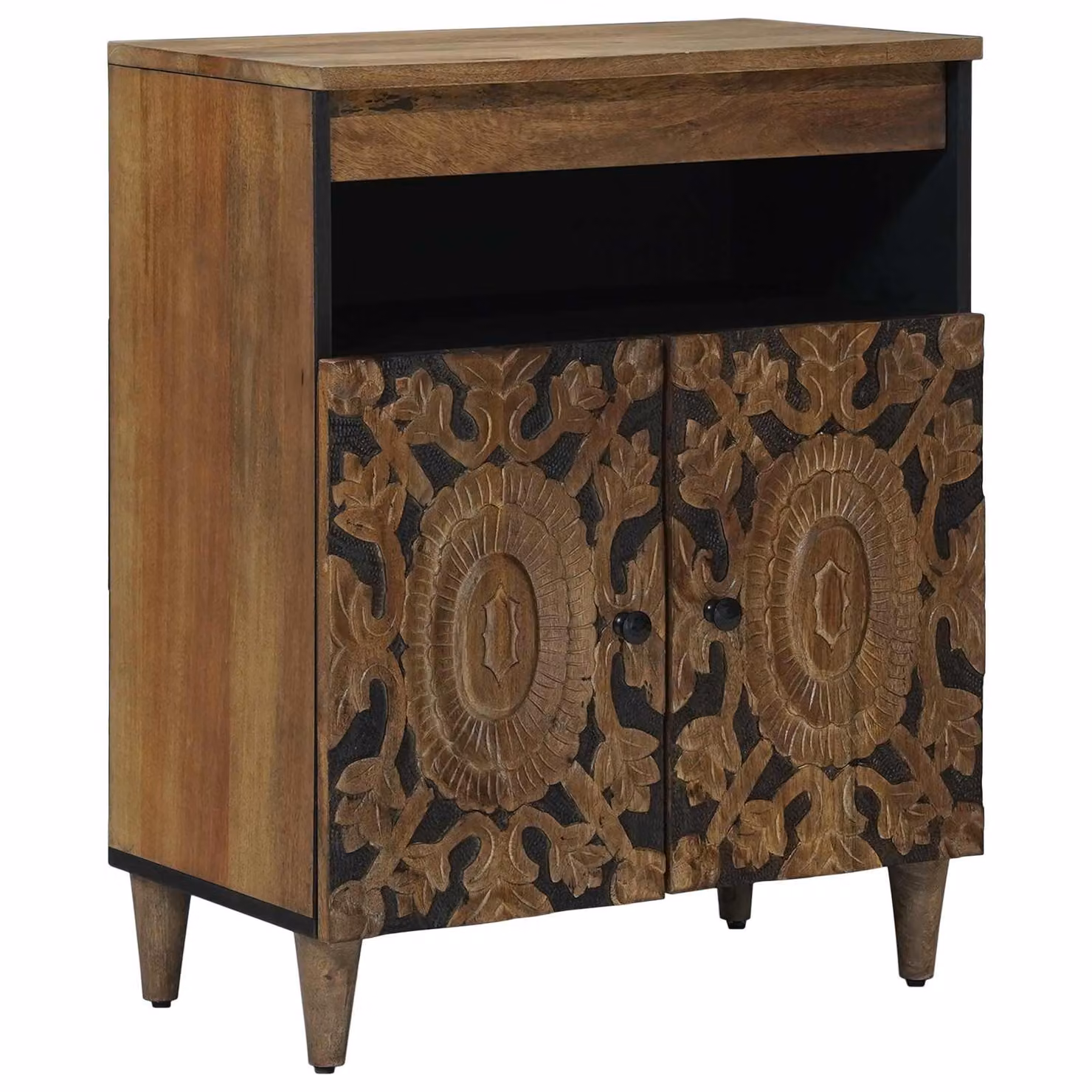 Credenza moderna vidaXL in legno di mango massello e metallo, Marrone e Nero, L: 60 cm, P: 33 cm, H: 75 cm