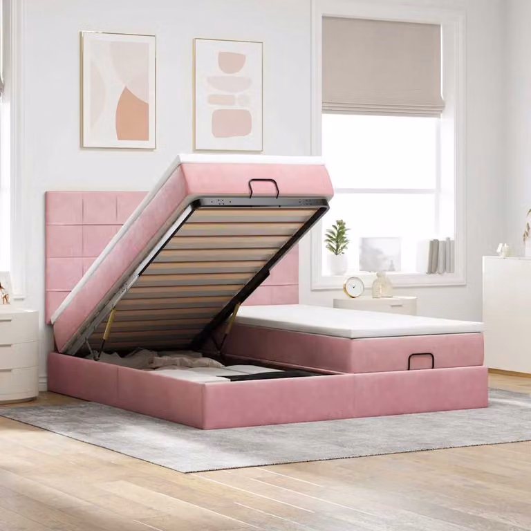 Letto con contenitore a sollevamento vidaXL in velluto rosa e bianco, L: 160 cm, P: 200 cm, H: 128 cm