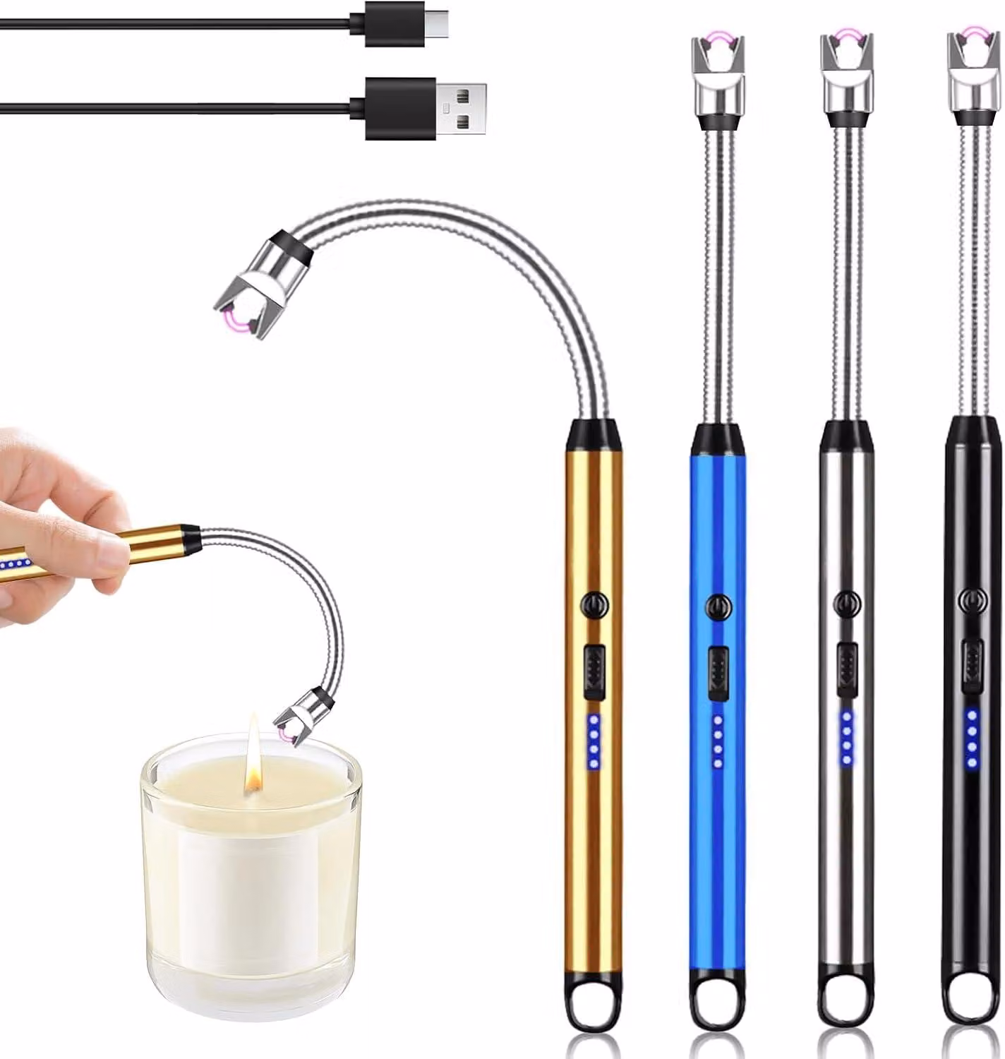 4 accendini elettrici, ricaricabili tramite USB, di forma allungata, con sistema di sicurezza e indicatore di batteria, portatili, resistenti al vento a 360 gradi e senza fiamma