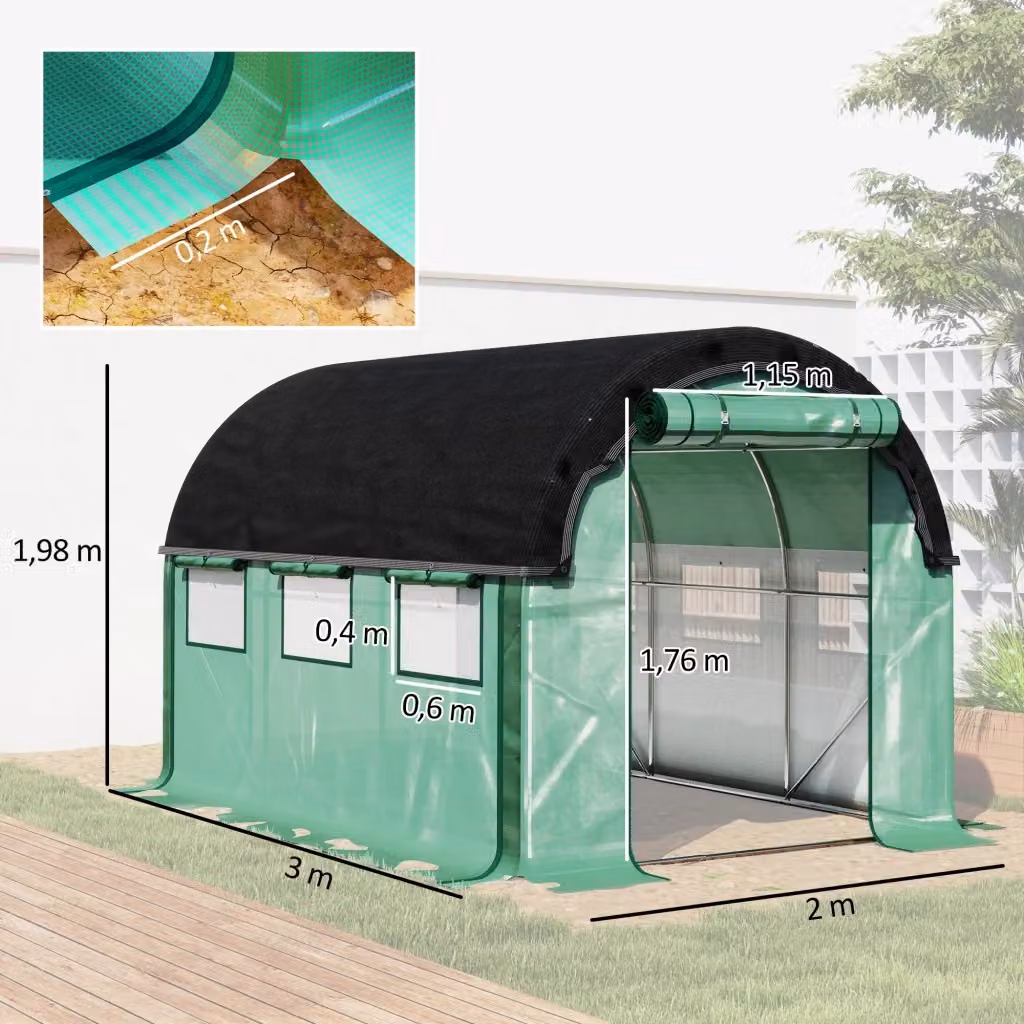 Serra tunnel WISHDOR in plastica e acciaio zincato verde con finestre e porte arrotolabili, L: 300 cm, P: 200 cm, H: 200 cm – 2