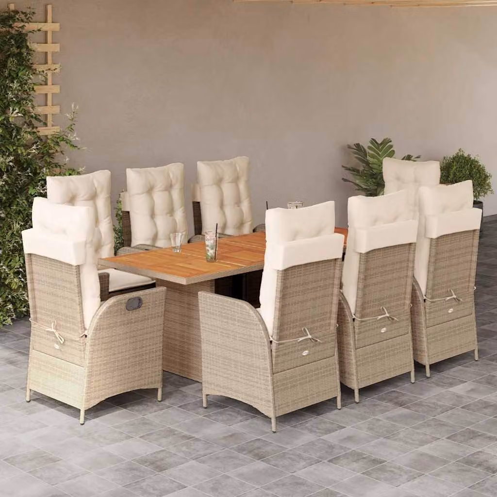 vidaXL Set da Pranzo da Giardino 9 pz in Polyrattan e Legno di Acacia con Cuscini Beige e Bianchi – 1