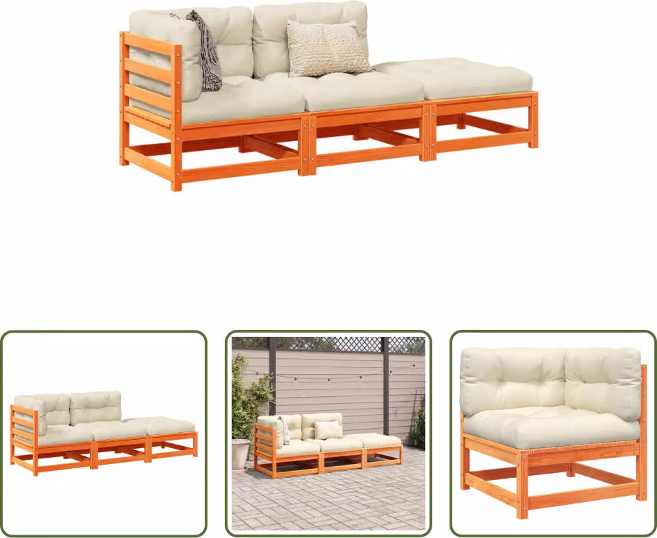 The Living Store Set di divani da giardino a 3 pezzi con cuscini Wax in legno di pino marrone