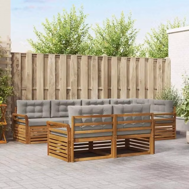 Set di divani da esterno a L vidaXL in legno di acacia con cuscini grigi – 1