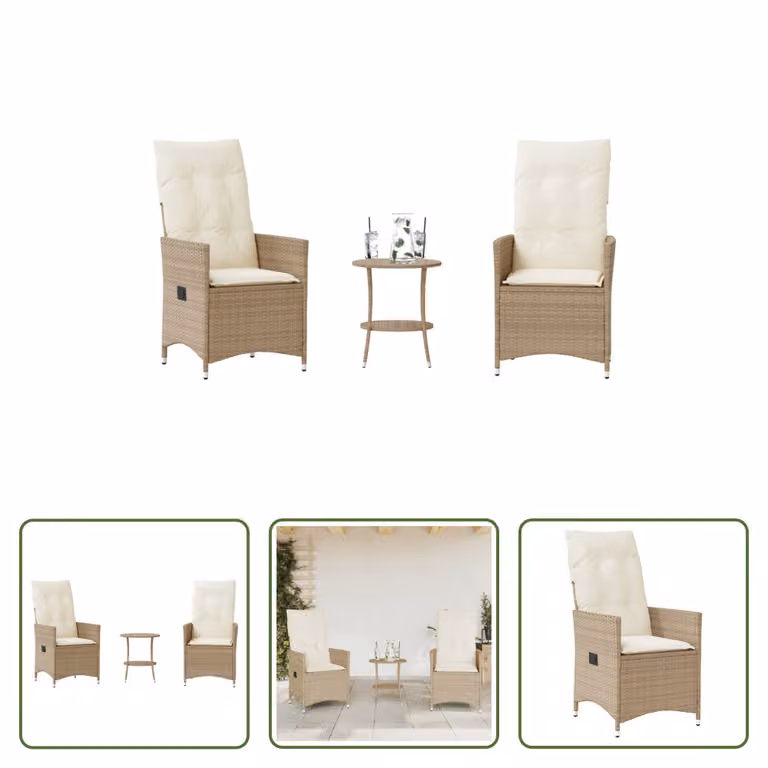 The Living Store Set da bistrot 3 pezzi con cuscini Beige poly rattan