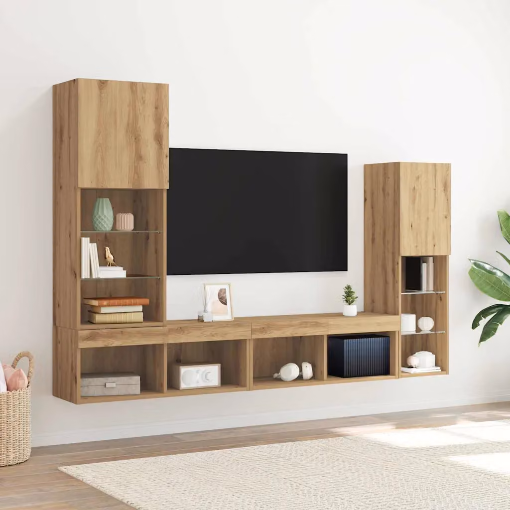 Mobile TV vidaXL in legno ingegnerizzato color rovere marrone con illuminazione integrata e scomparti multimediali per il tuo soggiorno