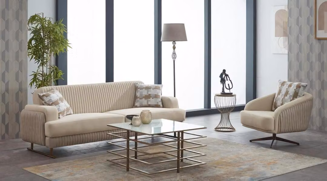 Sofagarnitur Polstersofa Dreisitzer 2tlg Stoffsofa Sessel Beige Sofa