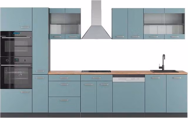 Cucina componibile moderna Vicco R-Line Grigio-blu/Antracite con armadio alto e dettagli in Rovere, L: 350 cm
