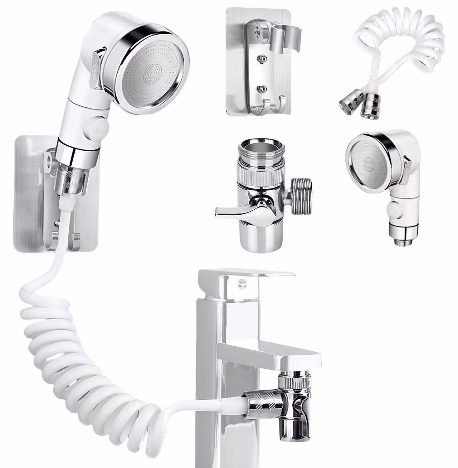 Rubinetto da bagno con flessibile e supporto a parete, 3 getti, colore bianco