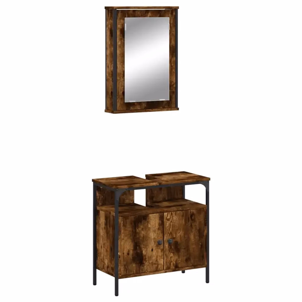 Set Mobili da Bagno vidaXL in Legno e Metallo Marrone con Mobile Lavabo e Armadietto Specchio in Stile Industrial L/P/H: 60 x 30 x 60 cm – 2