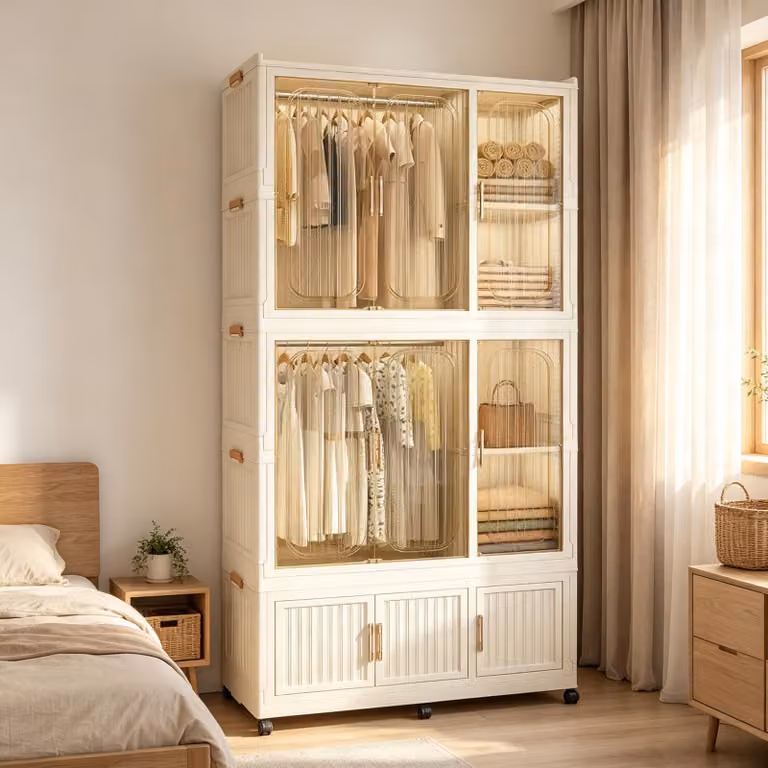 Armadio modulare in plastica, con ante magnetiche, 2 aste appendiabiti e ruote, pieghevole, completo di 6 grucce, color crema